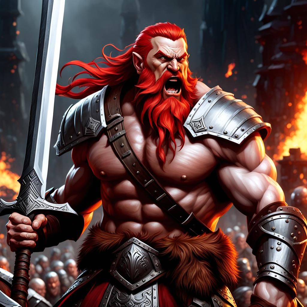 Furious Dwarven Barbarian on Battlefield in Dark Fantasy Sty...
