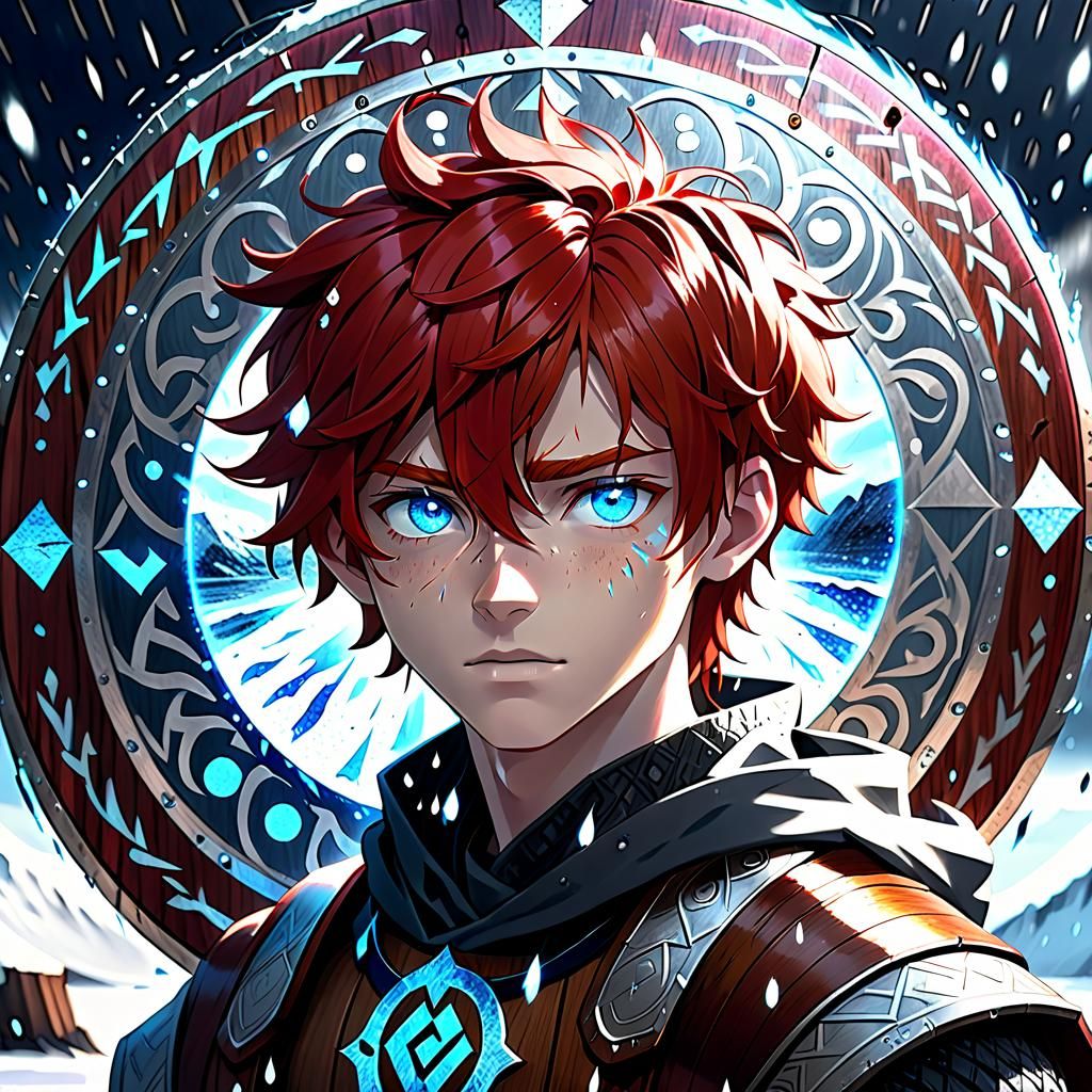 Icy Runes: A Teenage Boy in Ukiyo-E Style