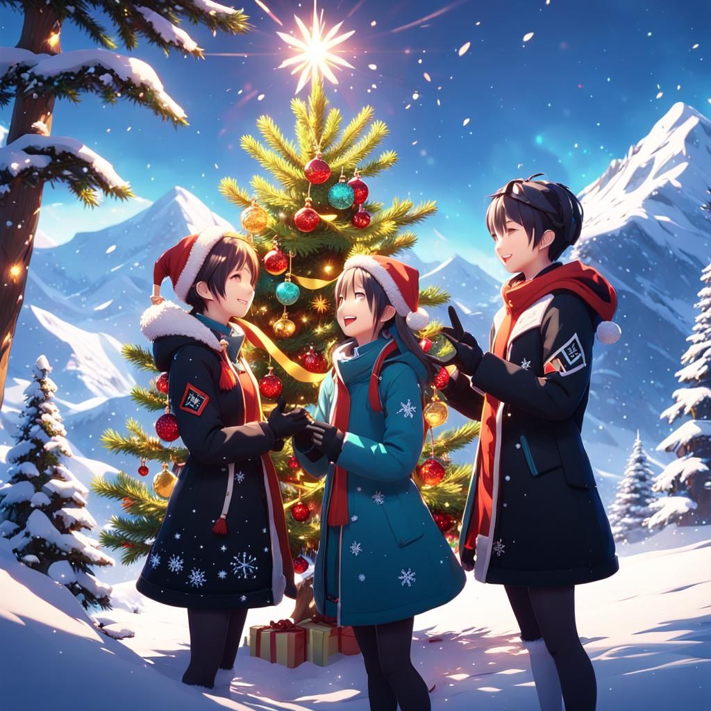 Festive Friends Celebrate Christmas: 3D Anime Mountain Scene