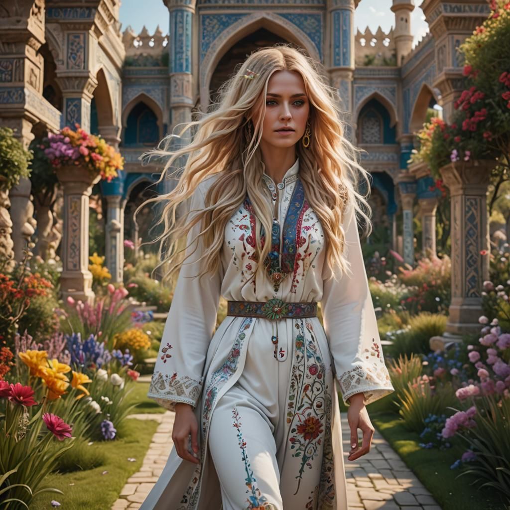 Blonde Woman in Colorful Garden, Detailed Matte Painting
