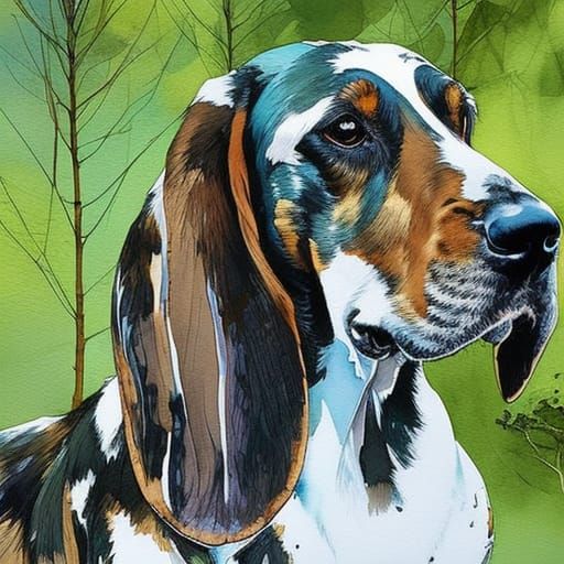 Basset Hound Portrait in Anime Watercolor Style