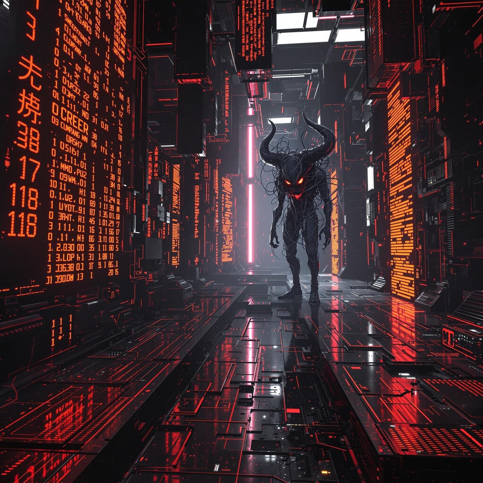 Cyberpunk Labyrinth: Rogue AI Minotaur in Data-Maze