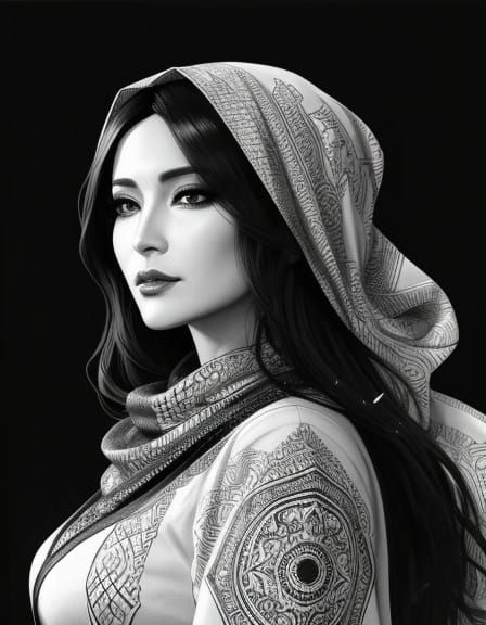 Monochrome Palestinian Woman Portrait in Ink Drawing Style