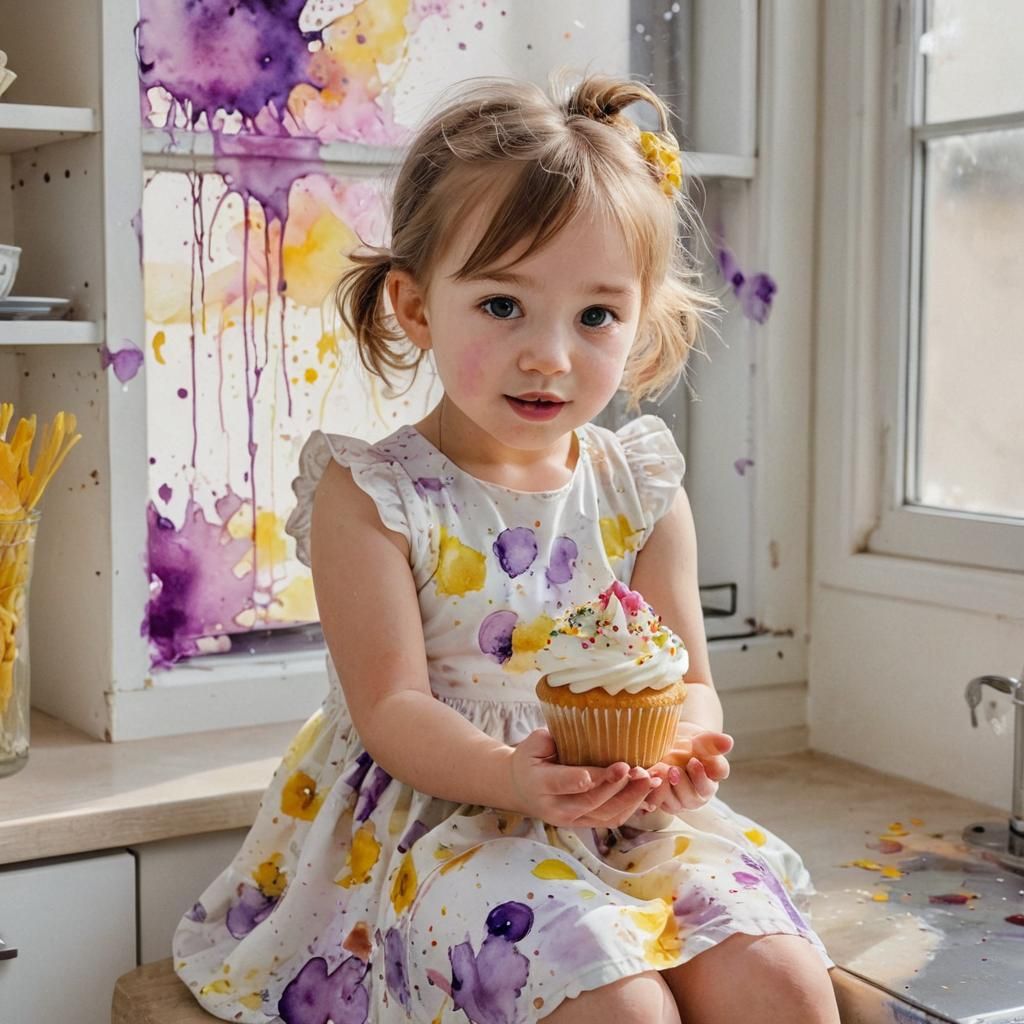 Small Girl Eating Cupcake as Alcohol Ink Painting