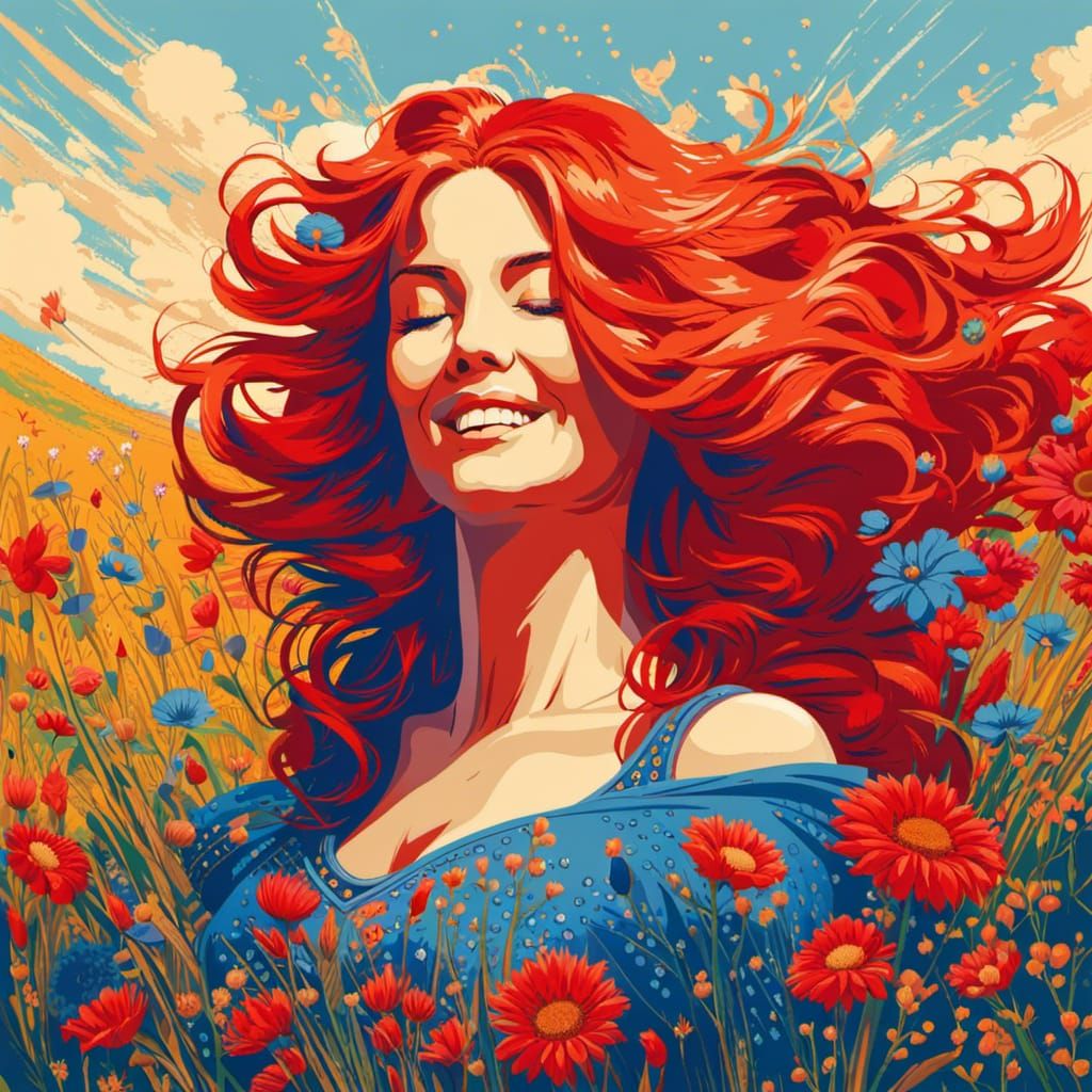 Vibrant Woman with Red Hair in Floral Meadow