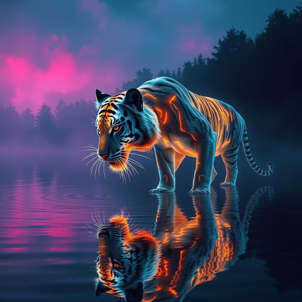 Ethereal Tiger Drinking: Neon Synthwave Dreamscape