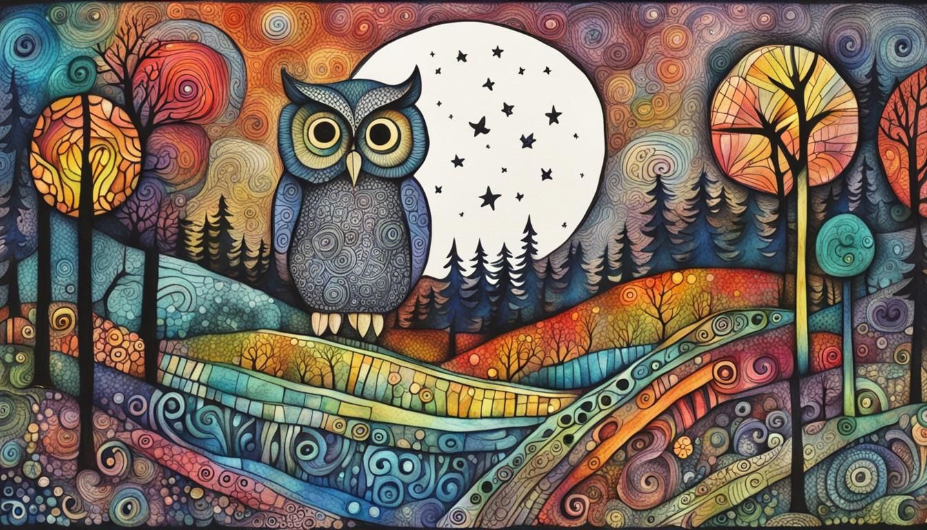 Happy Owl Travels Through Moonlit Forest in Zentangle Style