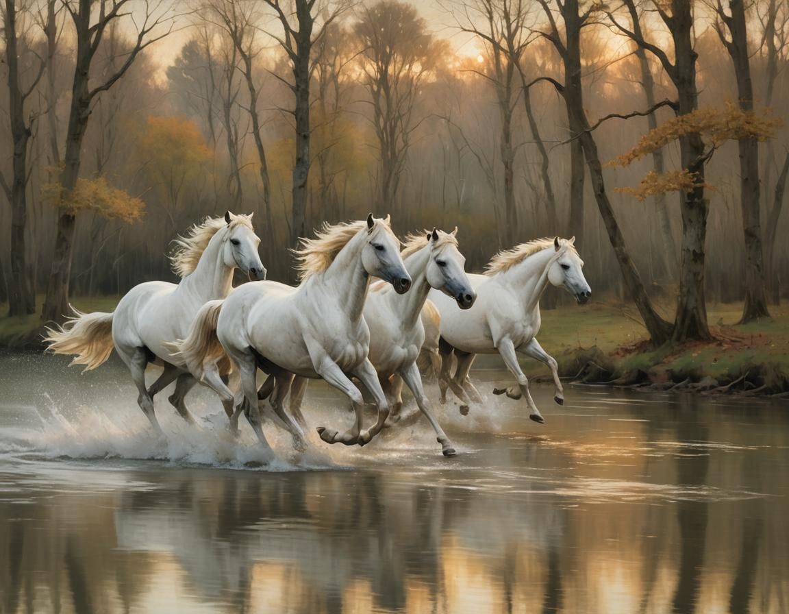 Ethereal Horses in Water: A Tonalist Impression