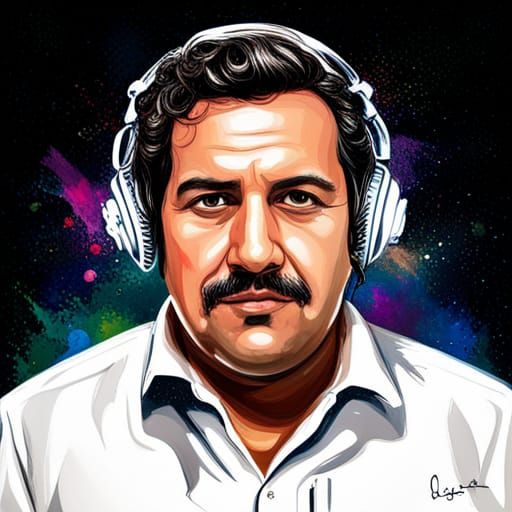 Pablo Escobar Wearing Headphones in Space in Graffiti Art