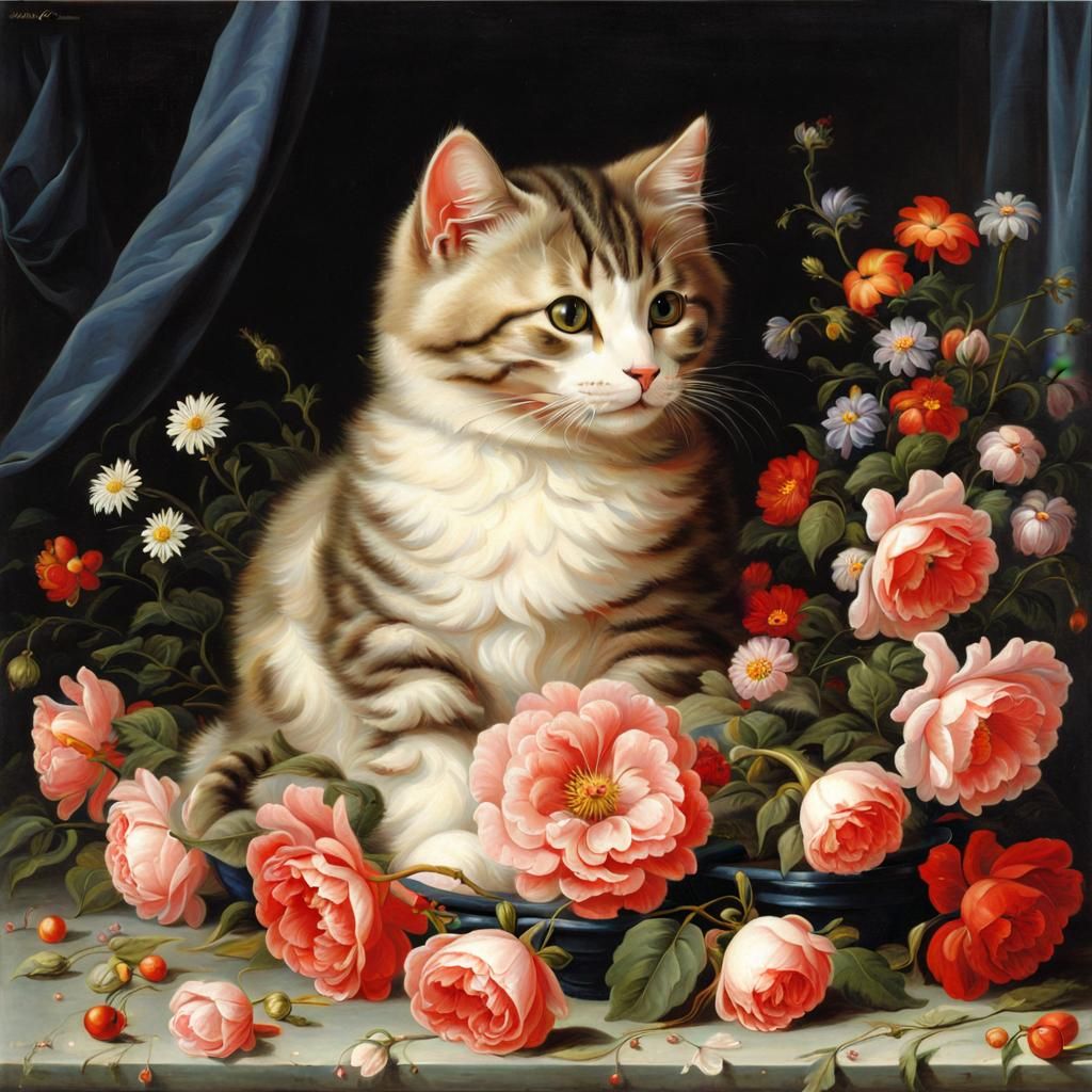 Cute Cat Surrounded by Flowers in Baroque Style