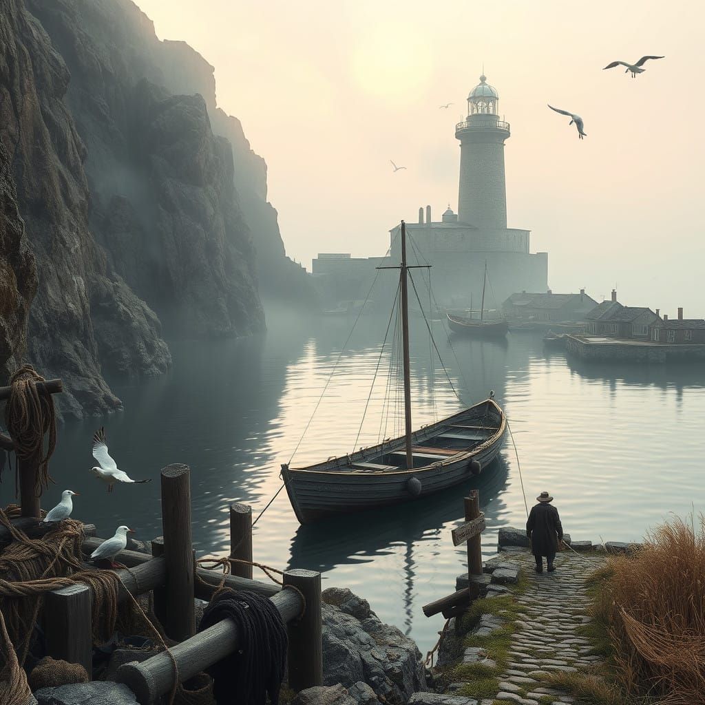 Foggy Dawn Harbor Scene in Ancient, Weathered Glory