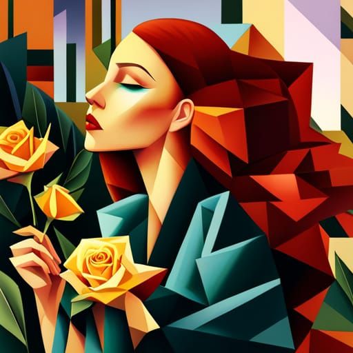 Red-Haired Woman with Yellow Roses in Cubist Style
