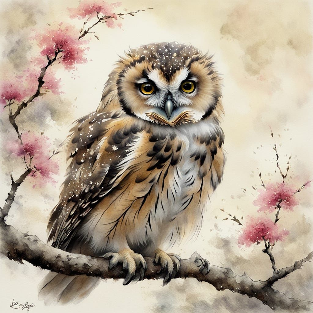 Fluffy Baby Owl in Chinese Watercolor Landscape