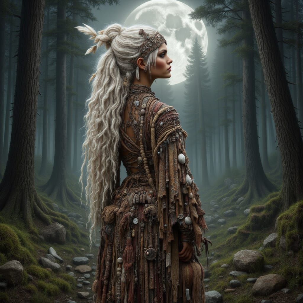 Tribal Medicine Woman in Moonlit Forest Clearing