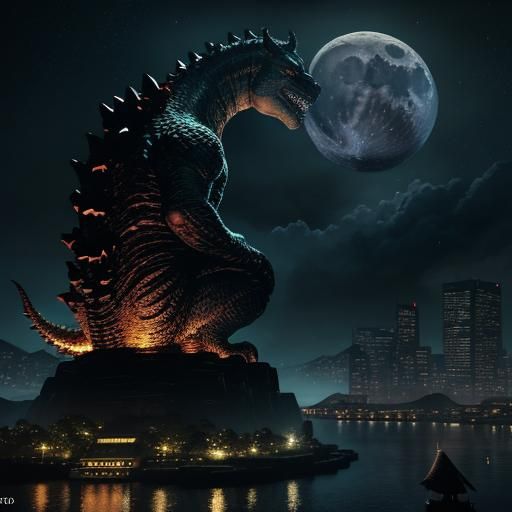 Godzilla and Nessie in Kinkade Night Cityscape