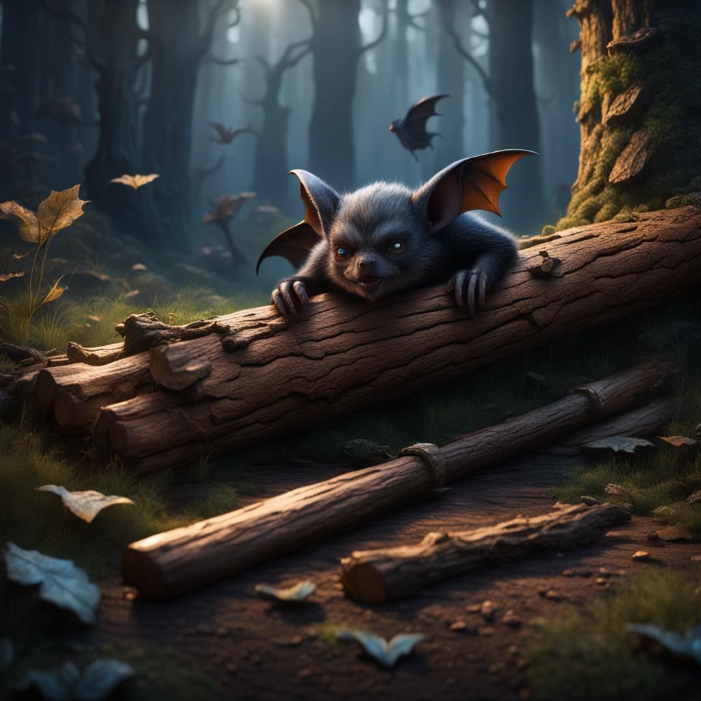 Sleeping Bat on Log: Detailed Matte Painting