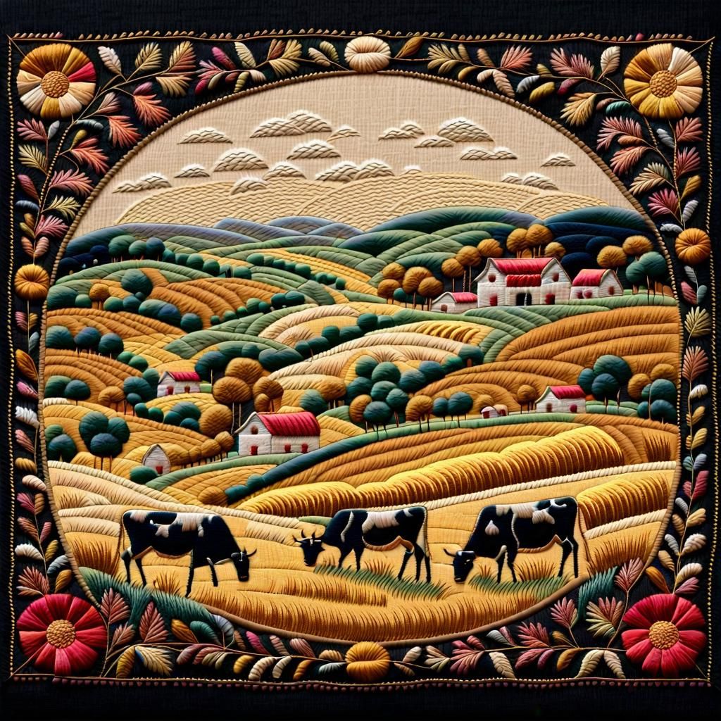 Embroidery of Rural Landscape with Gold Thread