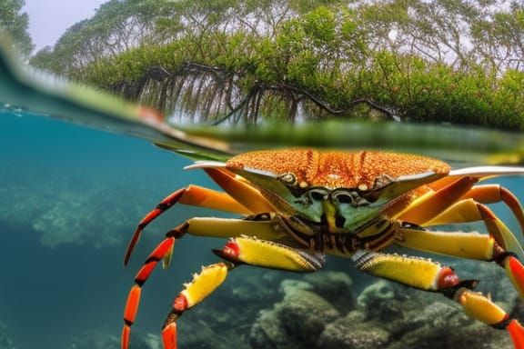 Hyperrealistic Crab with Imposing Pincers in Mangrove