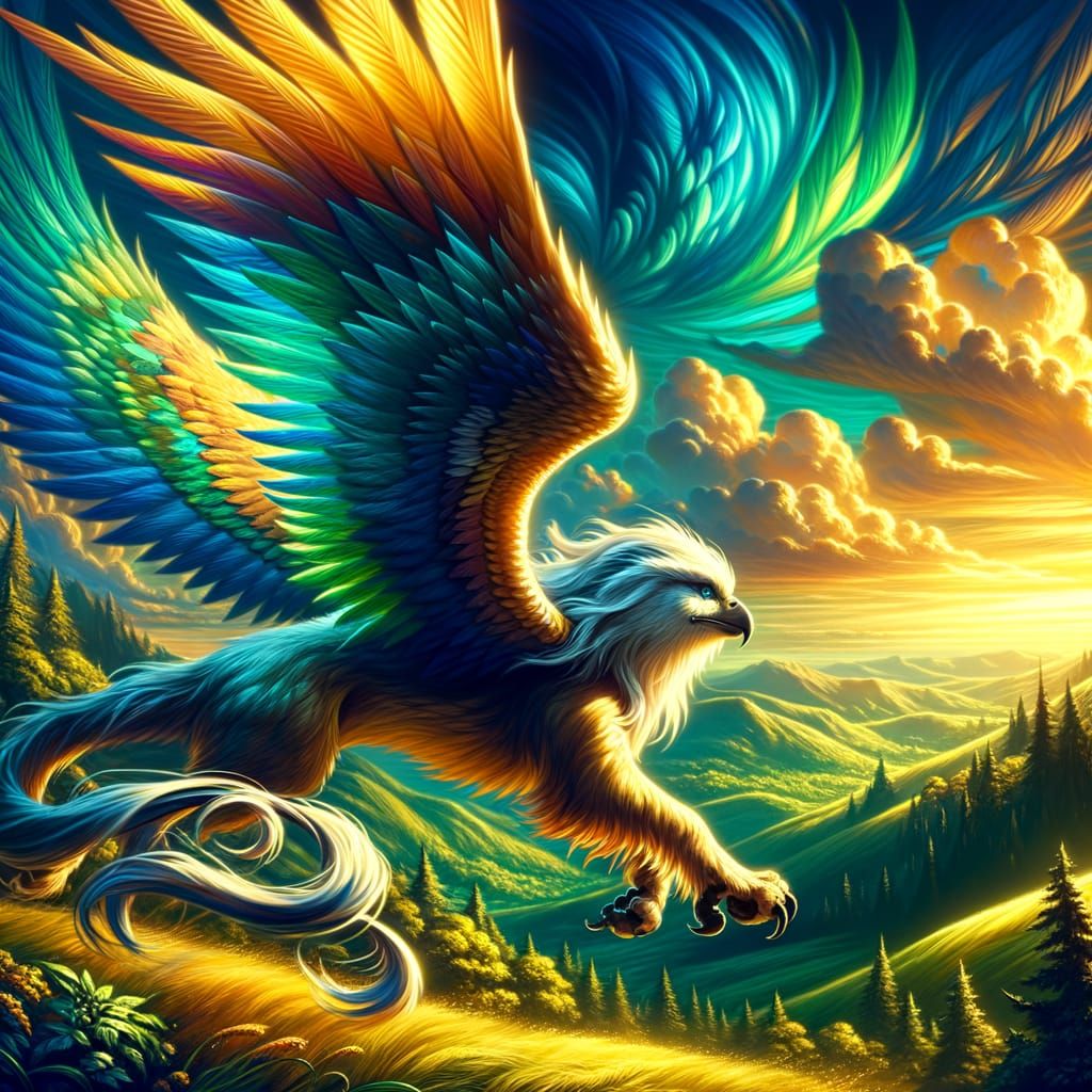 Majestic Griffin Soars in Vibrant Sunlit Sky