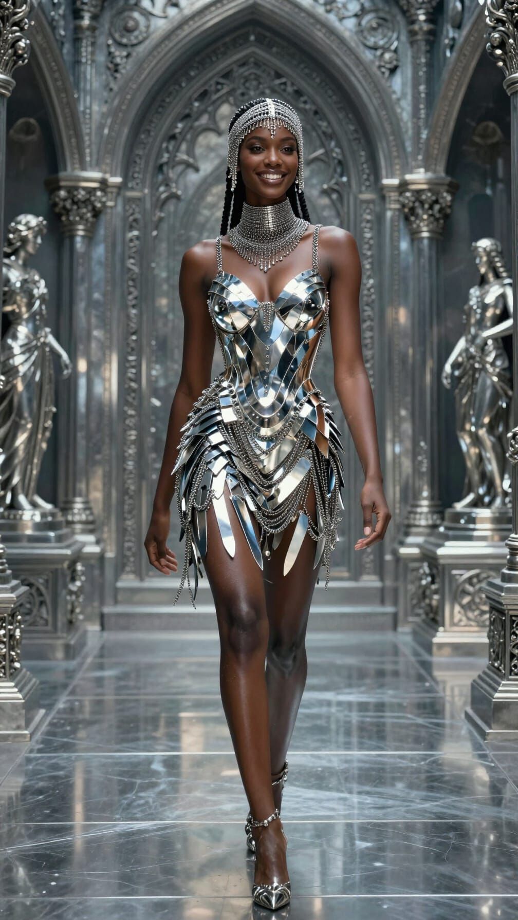 Futuristic Gothic Fashion: Woman in Metallic Armor Dress