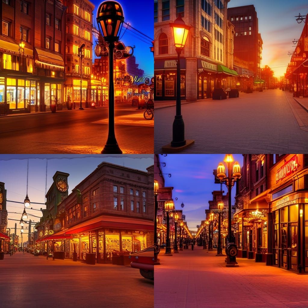 Steampunk City Boulevard at Sunset