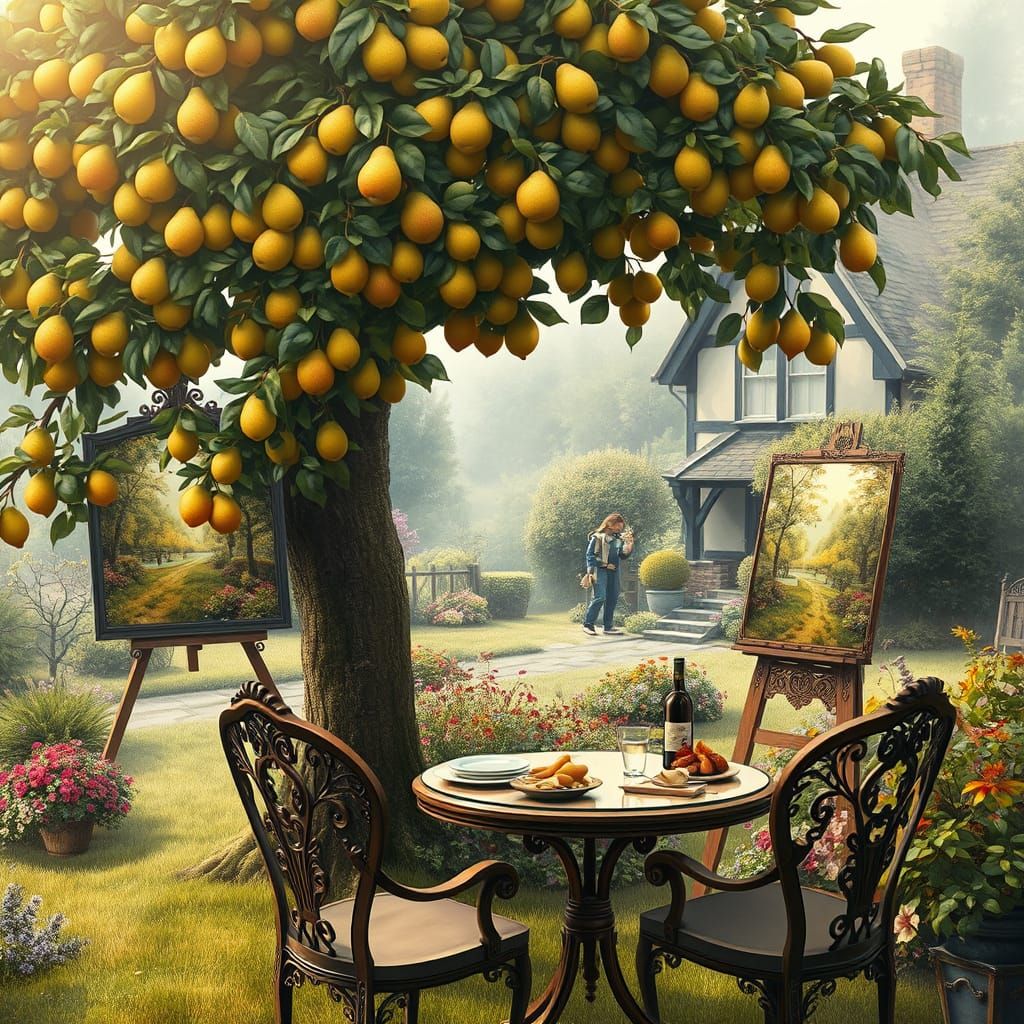 Idyllic Garden Scene with Pear Tree, Impressionist Style