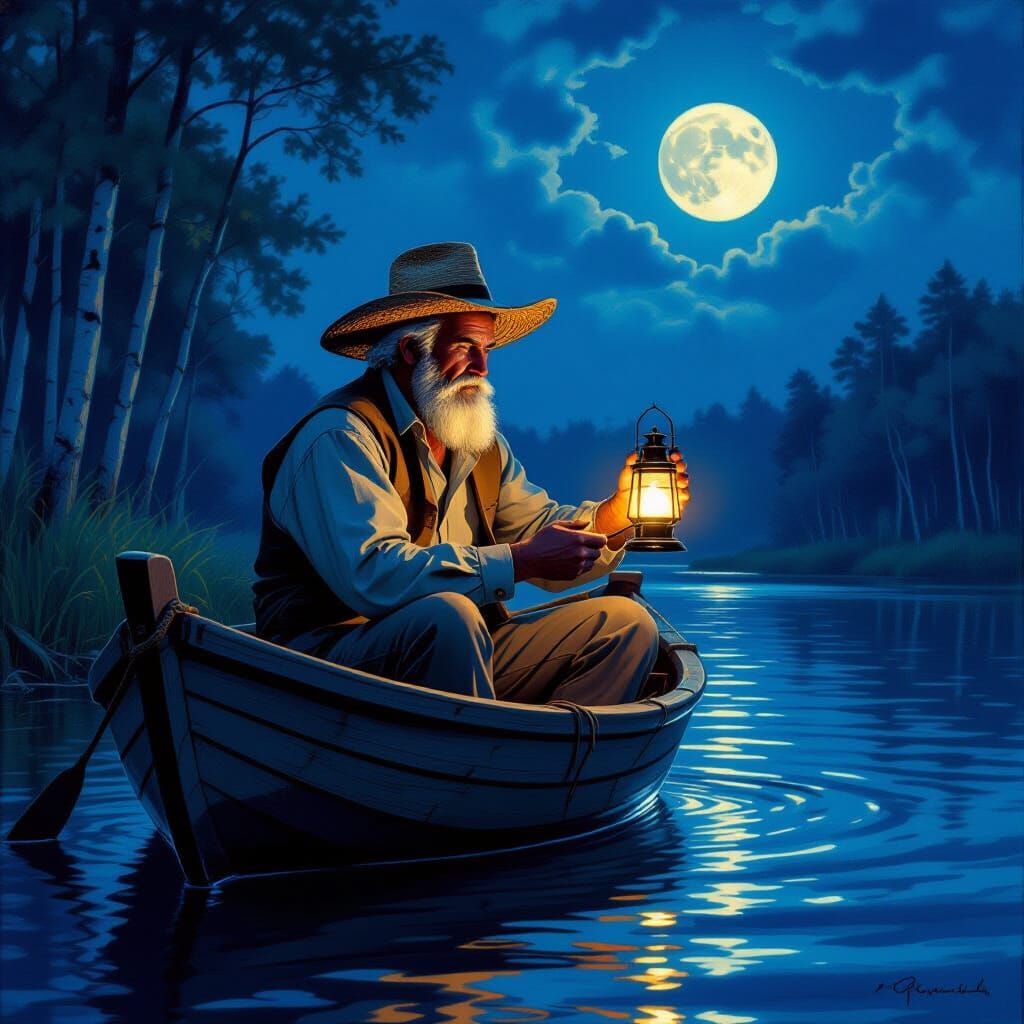 Fisherman in Moonlight Forest, Classical Art Style