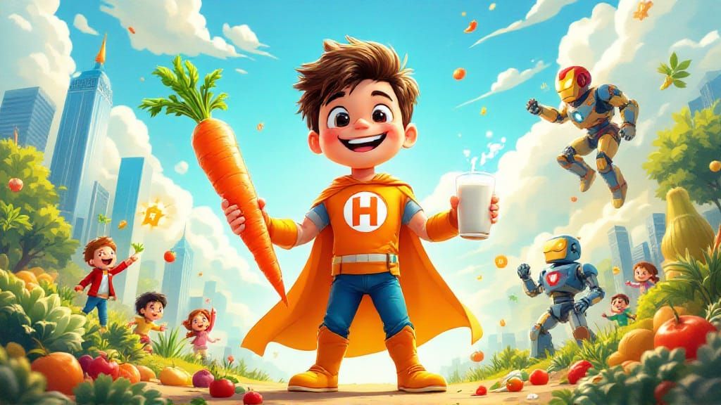 Cartoon Kid Superhero Promotes Healthy Eating