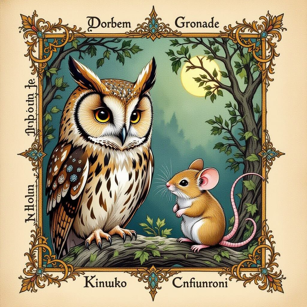 Medieval Miniature Owl and Mouse in Ancient Book