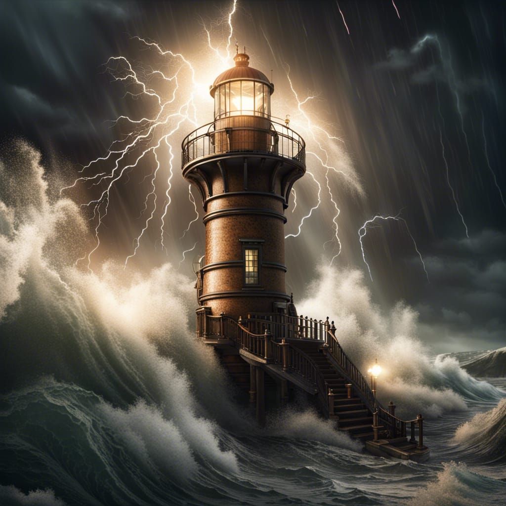 Steampunk Lighthouse Amidst Lightning Storm