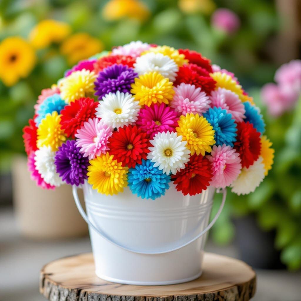 Colorful Pom-Pom Flower Bucket: A Whimsical Masterpiece
