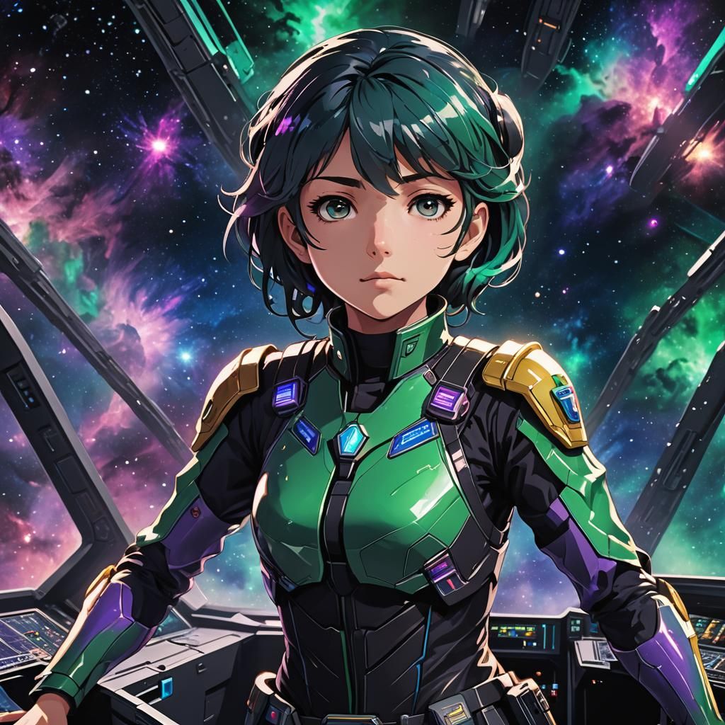 Anime Captain Gazing at Nebula in Cel-Shading Style