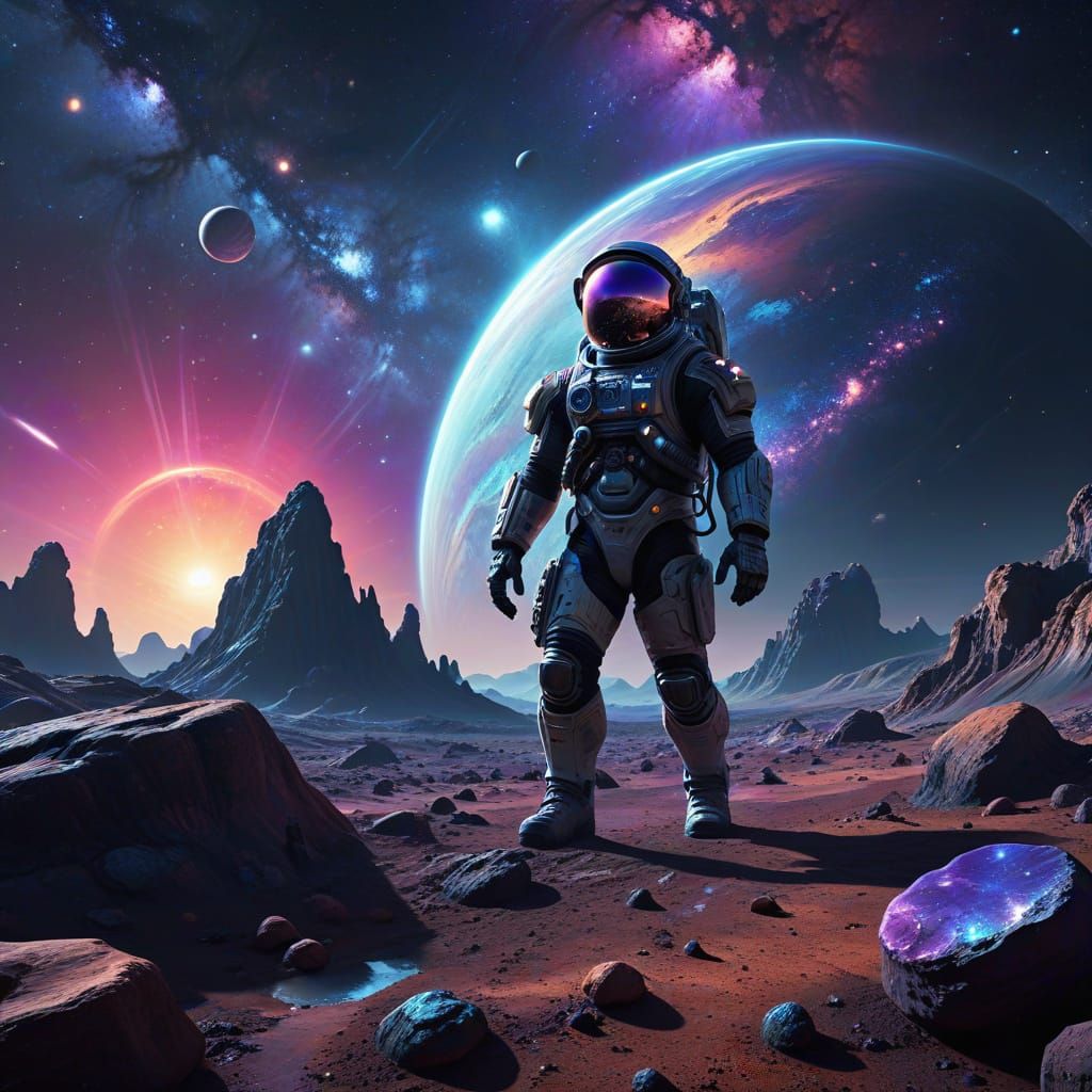 Astronaut on Alien Planet with Galaxy Background