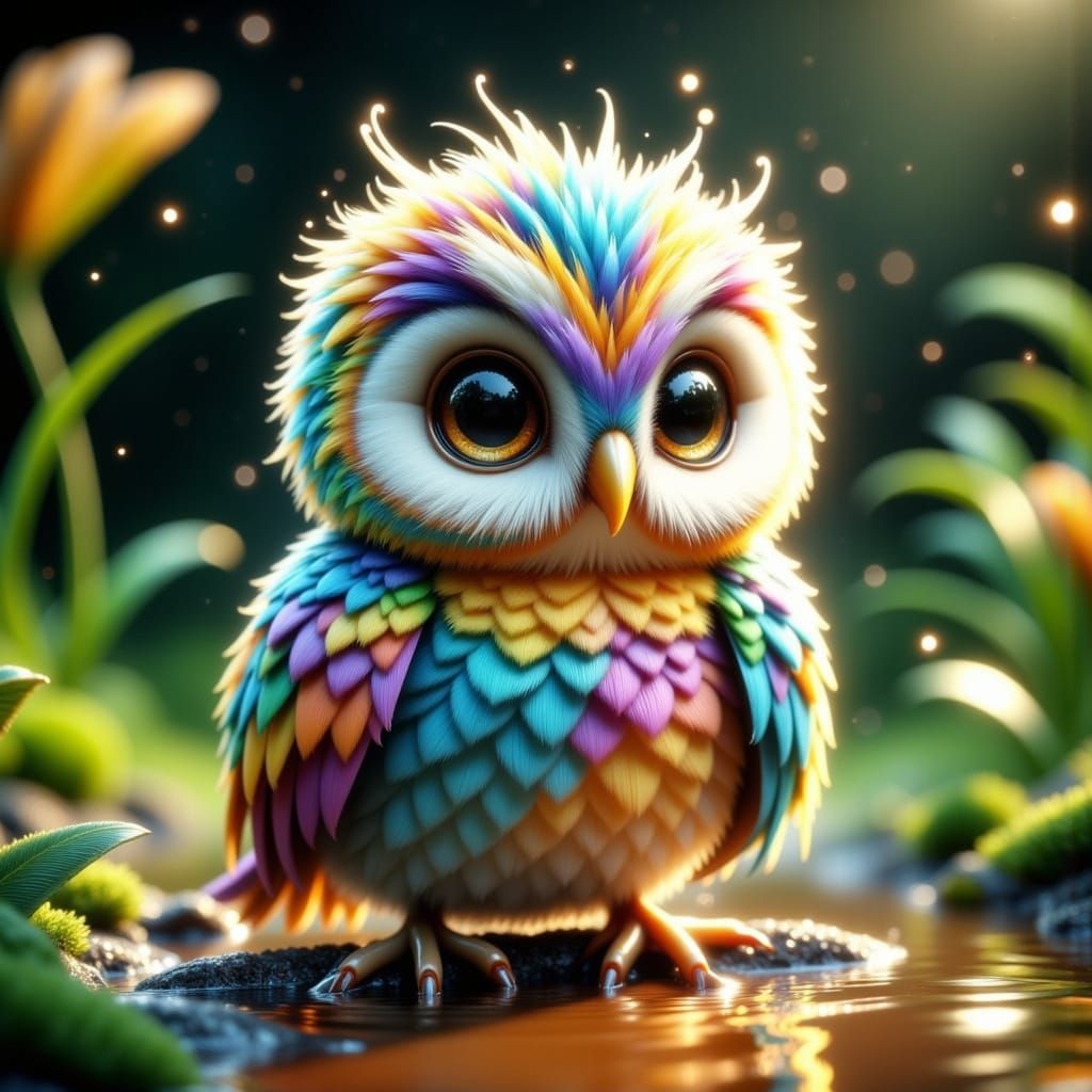 Vibrant Baby Owl Splashes in Colorful Water Puddle