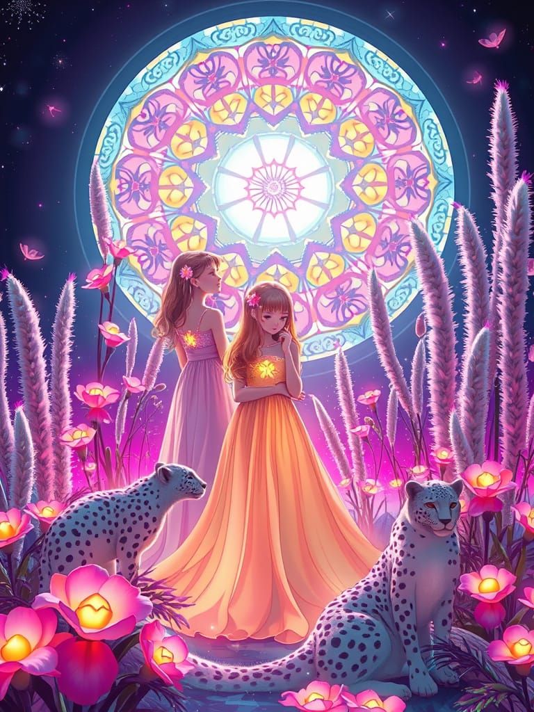 Bioluminescent Girls with Snow Leopards in Anime Style