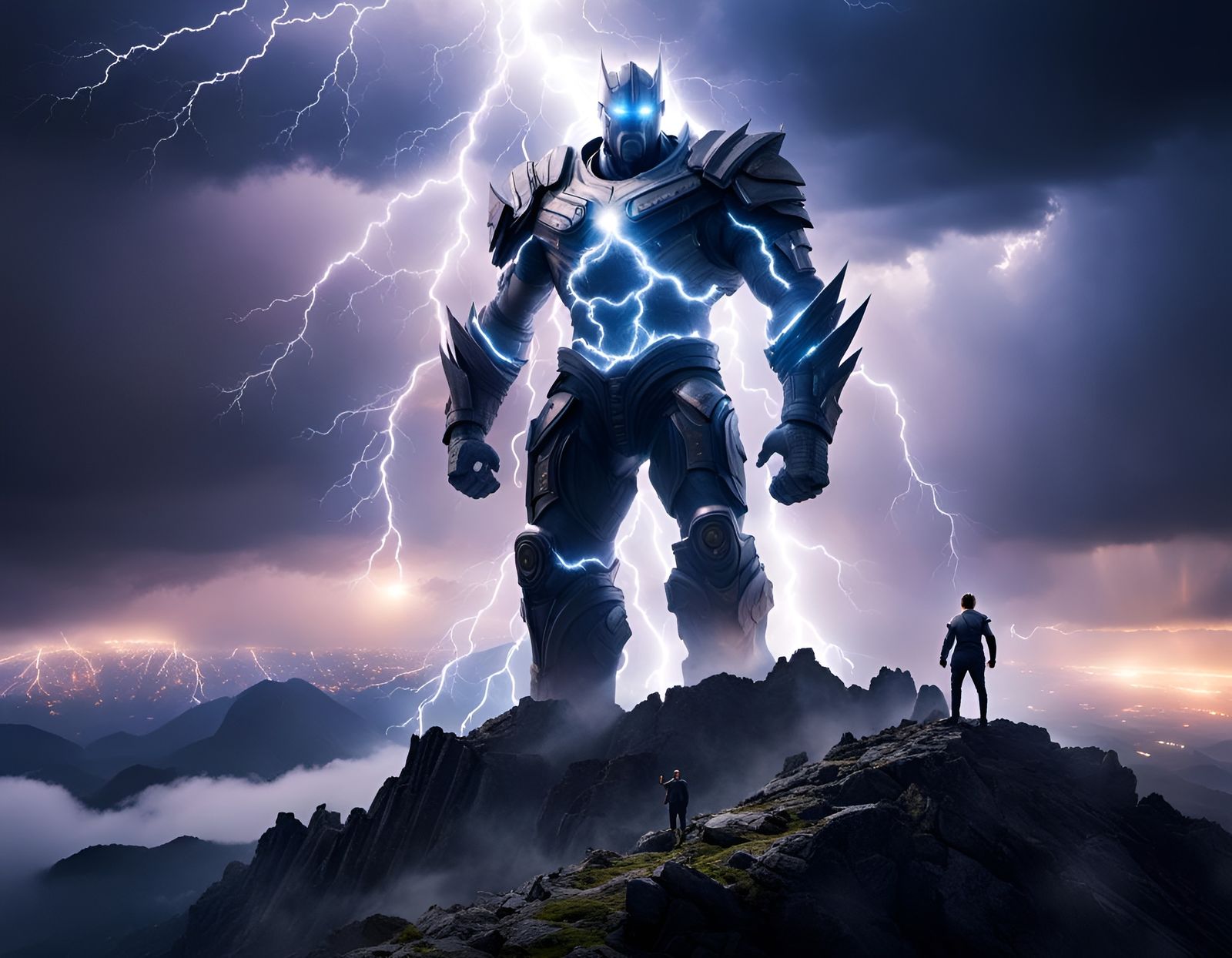 Giant Colossus on Mountain with Lightning