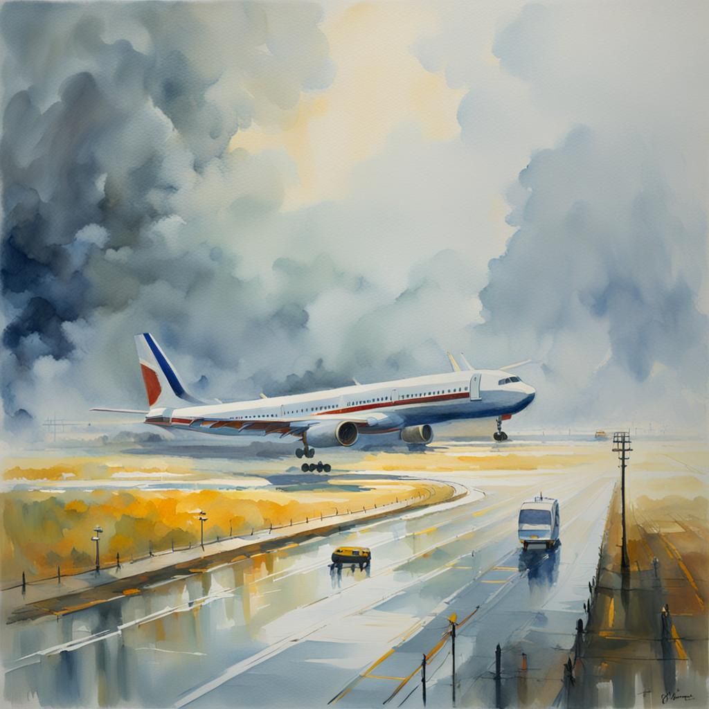 Airport in Thick Fog: Gouache Impressionist Painting