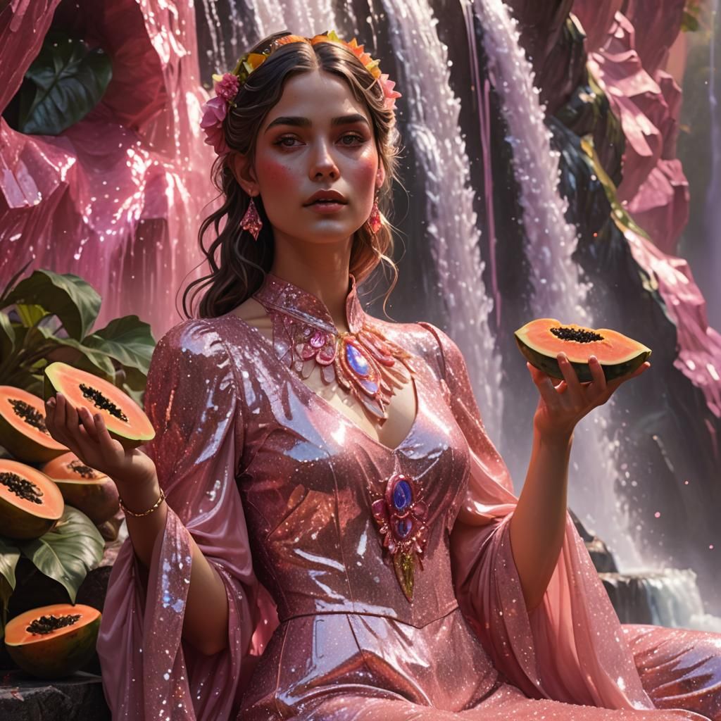 woman in high fashion pink glitter dress eating a papaya next to a pink waterfall and a glittery rainbow