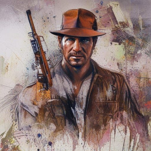 Indiana Jones in Detailed Armor, Ink Splatter Background