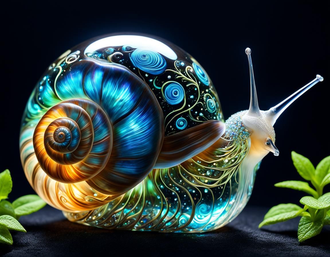 Bioluminescent Glass Snail in a Galactic Landscape