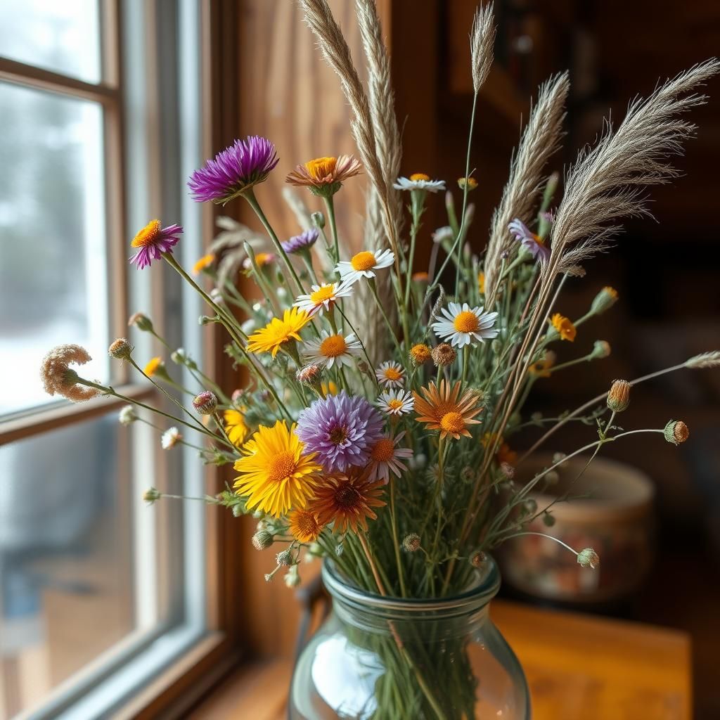 Wildflower Vase in Rustic Cabin Window Light