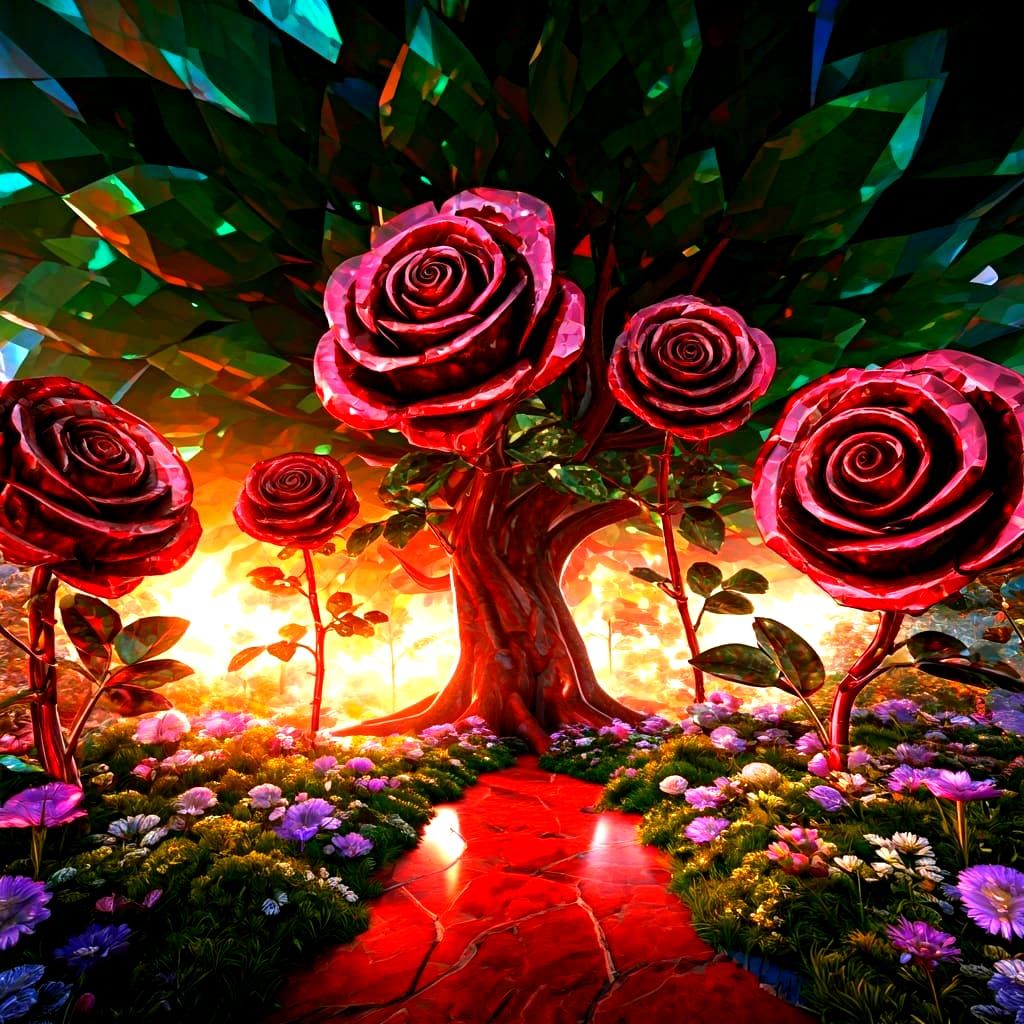 Lustrous Ruby Rose Forest, Hyperrealistic Gemstone Photo