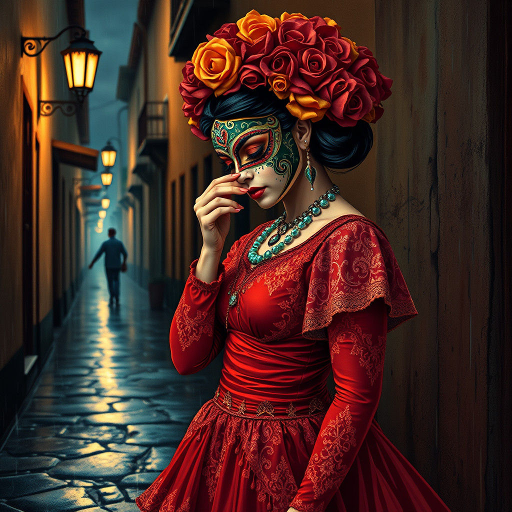 Sorrowful Luchadora in Rainy Alley, Surrealist Style