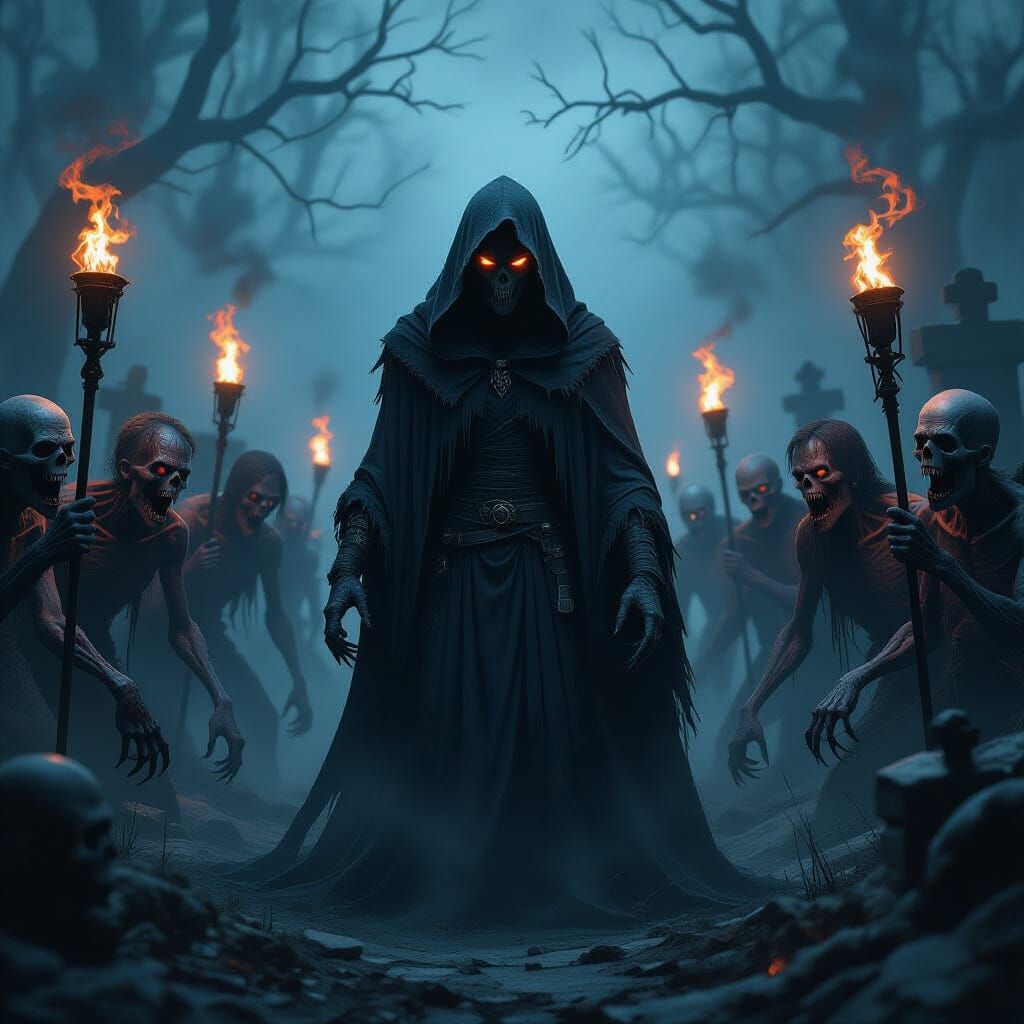 Gothic Horror Graveyard with Hooded Figure and Zombies