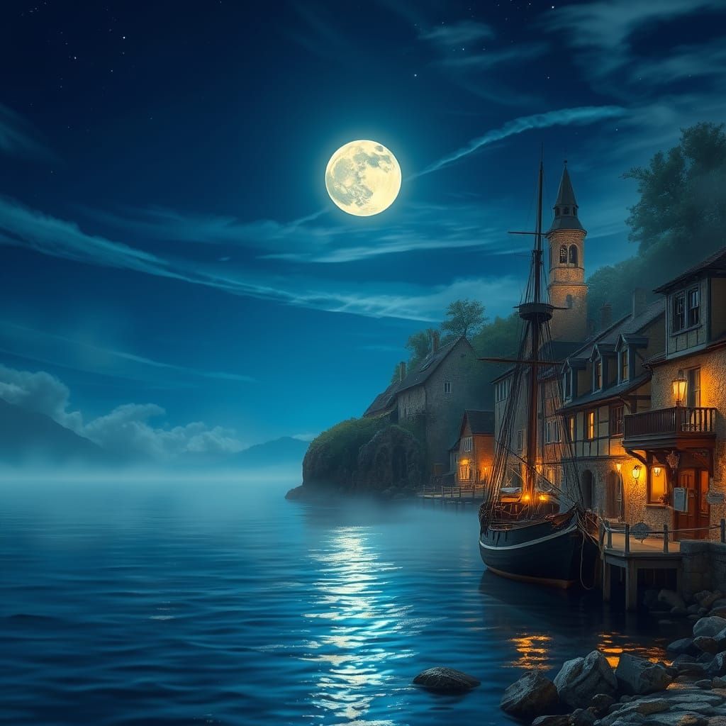 Dreamy Seaside Town with Moonlight and Tall Ship