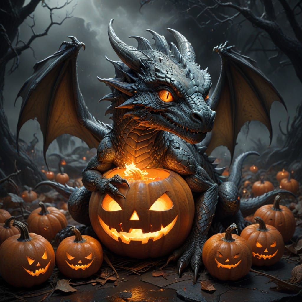 Baby Dragon Emerging From Halloween Pumpkins Graphite Sketch