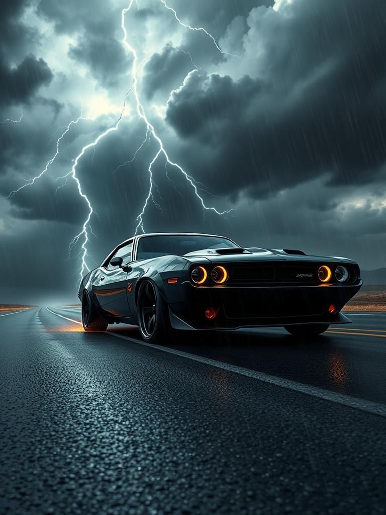 Muscle Car Under Stormy Sky in Dark Fantasy Style
