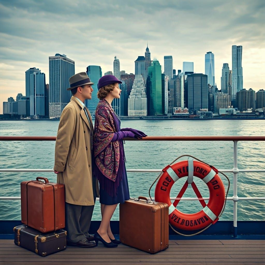 Sophisticated Couple Gaze Out at New York City Skyline in Lu...