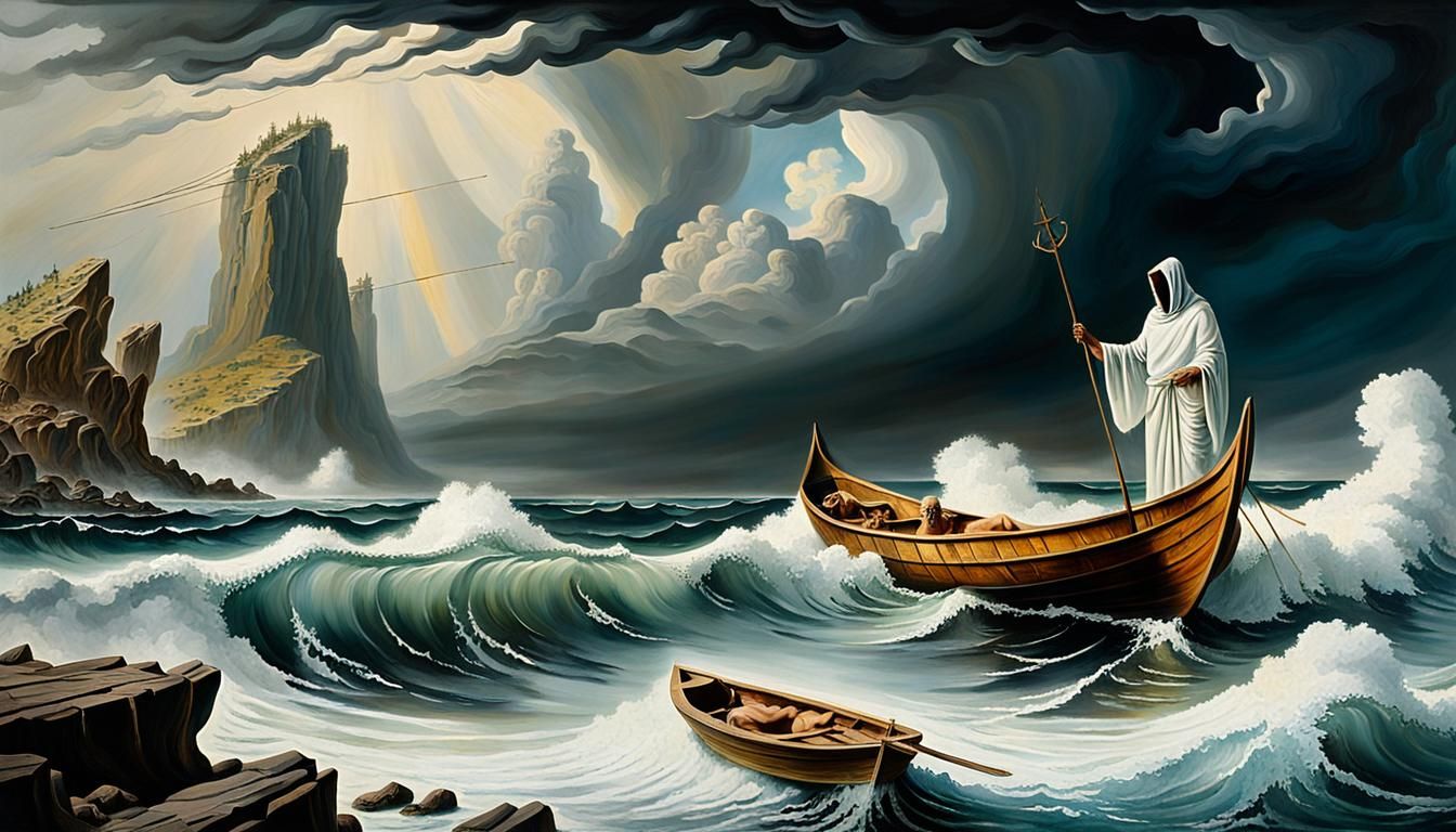 Surreal Elderly Man Rows Boat in Stormy Sea