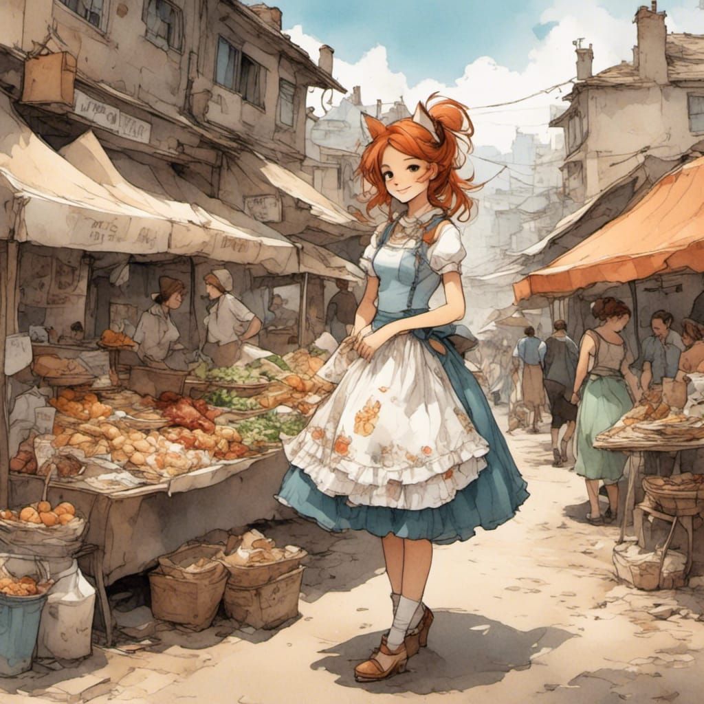 Fox-girl VIXEN, wearing a Cute crinoline skirt, shopping a fresh meat stand in the slums.